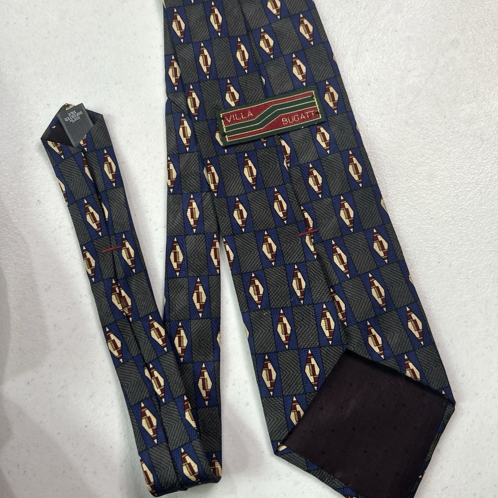 Villa Bugatti Tie Geometric Mosaic Silk Blue OS 90s Vintage Luxury Preppy Retro